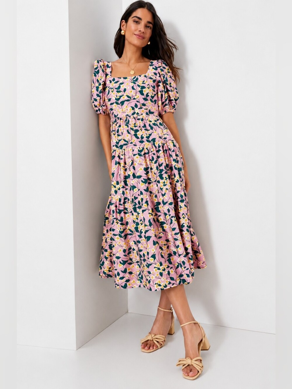 Moon River Tuckernuck Floral Midi Dress Size L Pink Puff Sleeves